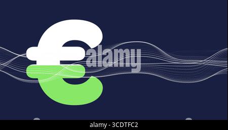 Displaying Euro currency symbol split white or green on navy backdrop, with dotted waveform flowing Stock Photo