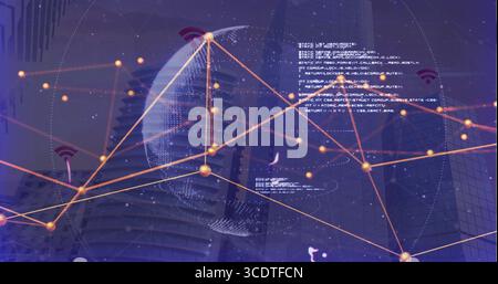 Wireframe globe pulsing with network nodes in urban skyline, with code text blocks and wifi icons Stock Photo