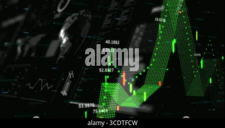 Displaying 3D green dotted line graph with candlestick bars on virtual dashboard, copy space Stock Photo