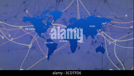 Displaying world map showing colored network lines and glowing nodes on dashboard, with data labels Stock Photo