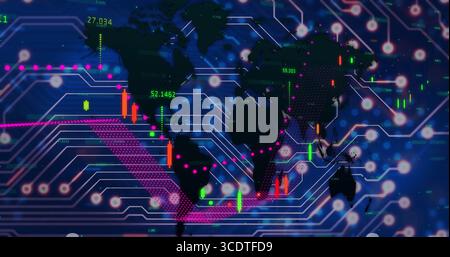 Animating world map in dashboard, with neon network lines, dot nodes, candlesticks, numeric labels Stock Photo