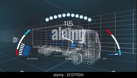 Displaying wireframe semi-trailer truck model rotating in blue virtual chamber, with UI elements Stock Photo