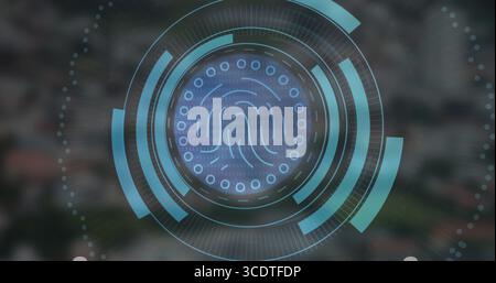 Displaying holographic fingerprint icon over aerial cityscape, concentric HUD rings and binary code Stock Photo