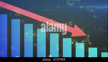 Displaying bold red downward arrow sloping over dashboard grid lines, bars, golden particle motifs Stock Photo