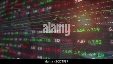 Displaying transparent ticker showing fluctuating stock data with arrows on dotted grid in office Stock Photo