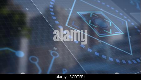 Displaying glowing 3D holographic hexagon interface on dashboard with dotted arc and circuit nodes Stock Photo