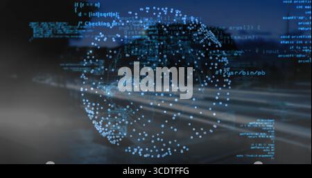 Glowing holographic globe floating in virtual interface, with code fragments and motion trails Stock Photo