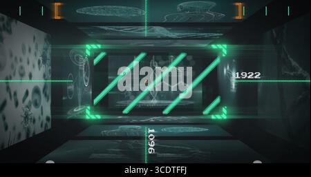 Displaying central hologram panel projecting in lab data tunnel, with DNA helix, neon grid overlays Stock Photo