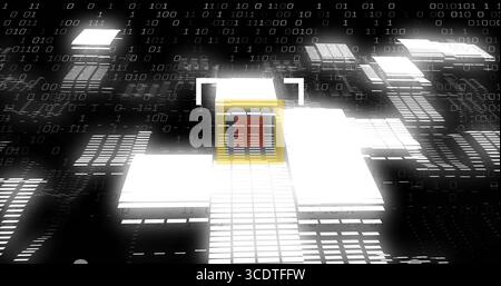 Floating digital platforms forming data network streaming binary digits, with central red-core cube Stock Photo
