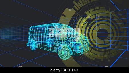 Neon blue wireframe van model rotating in virtual 3D space, with floating yellow HUD circles Stock Photo