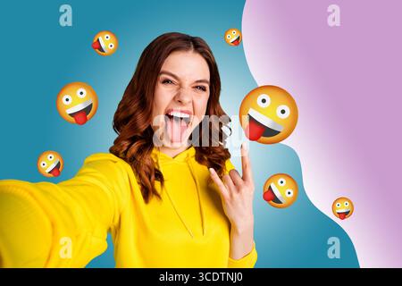 Collage of person surrounded by floating emoji icons expressing fun and different emotions happy joy angry oops lol Stock Photo