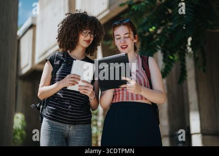 Two students sharing notes outdoors with a focus on education and collaboration Stock Photo