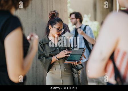 Female educator using a tablet while teaching students outdoors at a campus Stock Photo