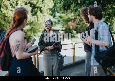 Professor engaging with students in a lively educational outdoor setting Stock Photo