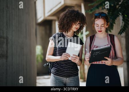 Female professor and students collaborating outdoors on academic tasks Stock Photo