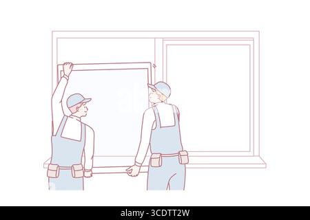 Repairing and reconstruction at home concept. Two men workers in uniform standing changing window for plastic one at home or office working vector illustration Stock Vector