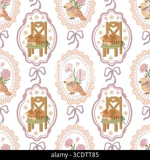 Cute sleeping cat and little bird in pastel wavy frame seamless pattern. Hand drawn coquette style with soft floral background. Great for textile and Stock Vector