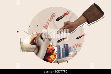 Anti war visual depicting hands in prayer amidst destruction. Vector illustration Stock Vector