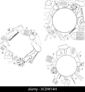 Hair salon tools circle round frame set. Vector graphic line ink template illustration. Place for your text, logo flayer and business card for hair sa Stock Vector