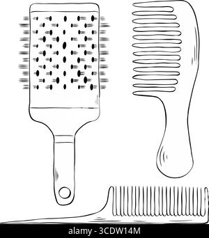 Set of combs. Black silhouettes of various combs on a white background. Haircut barber isolated items set. Vector graphic line ink illustration. Desig Stock Vector