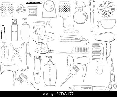 Barbershop Haircut barber isolated items set. Vector graphic line ink illustration. Hairstylist vector icons set. Combs, hairdrier, paintbrush, scisso Stock Vector
