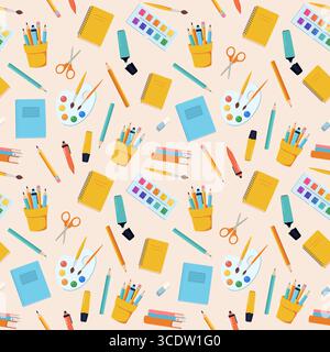 School seamless pattern. Art supplies, paints, brushes vector background. Goods for artists Stock Vector