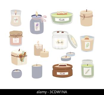 Set of decorative scented wax candles for relax and spa isolated on white background. Aromatherapy hand draw vector illustration. Cozy home decoration Stock Vector