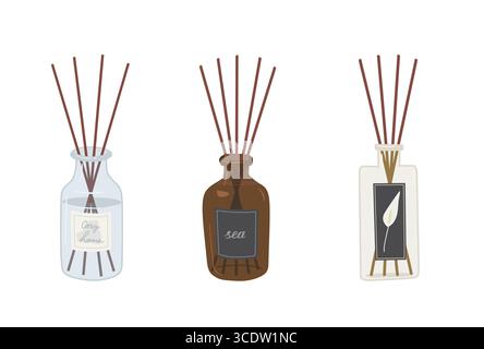 Set of diffuser bottles with aroma sticks isolated on white background. Aromatherapy hand draw vector illustration. Cozy home. Stock Vector