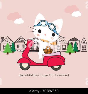 cute kitty on the scooter stationery vector set Stock Vector