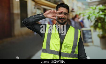 Young hispanic man in safety vest makes peace sign on urban street outside with smile. Stock Photo