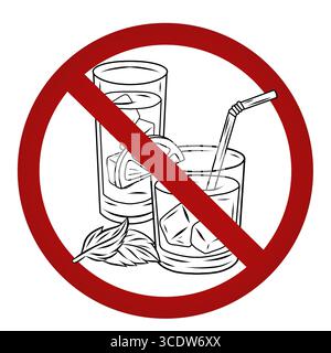 Vector illustration of two cocktail glasses with lemon slices in outline sketch style inside prohibition sign isolated from background. Concept Stock Vector
