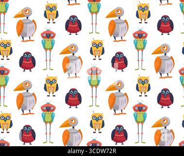 Vector seamless pattern with cute cartoon robot birds on white background. texture with colorful bird automatons. Future pets. Background for fabric Stock Vector