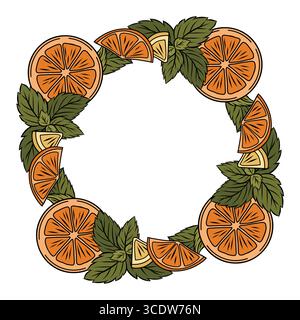 Vector circle frame with doodle mint leaves, orange slices and copy space. Wreath with cartoon peppermint and lemons isolated background for card and Stock Vector