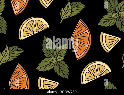 Vector seamless pattern with hand drawn orange and lemon slices and mint leaves. Citrus fruit and peppermint foliage texture on black background. Stock Vector