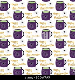 Happy Halloween letters spider on web and Mug with Green potion Seamless Pattern Halloween Backdrop. Isolated Vector illustration Halloween Greetings Background Party invite or banner, leaflets, price Stock Vector