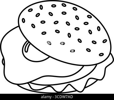 Outline Burger with Fried Egg and vegetables in sesame bun Sandwich Burger Minimalist design element. Isolated Vector illustration Sticker Icon Fast Food Delivery Content Menu Recipe Cards, leaflets Stock Vector