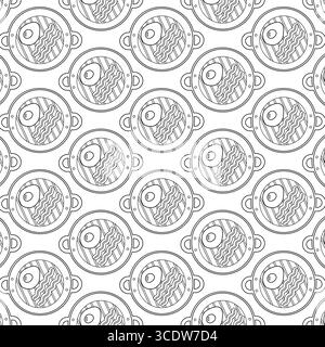 Outline Fried Egg and Bacon Strips on Grill Pan Black and White Seamless Pattern Food Day Background. Isolated Vector illustration Food Poster Themed Menu Cards Backdrop Banner, leaflets, label, price Stock Vector