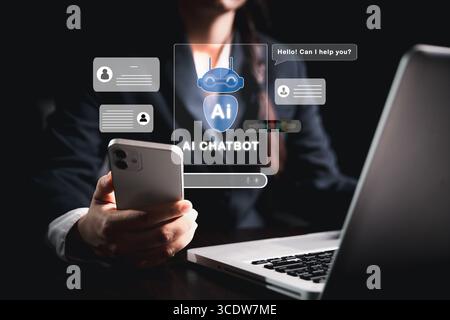 Businesswoman uses chatbot powered by AI technology and artificial intelligence to chat and converse with smart robot system analyzes data to help sol Stock Photo