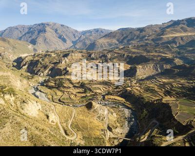 Aerial view of golden terraced fields cascade down steep slopes towards a winding river snaking through Colca Canyon, framed by rugged mountains, Chiv Stock Photo