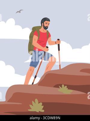 Vector illustration of a bearded man with a backpack climbing a hill with trekking poles. Summer landscape with clouds. Concept of hiking, travel, and Stock Vector