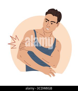Vector illustration of a man holding his shoulder due to muscle strain, rotator cuff injury, or sports injury. Isolated medical health concept Stock Vector