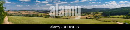 Wide panoramic view of patchwork fields and rolling hills under blue skies in the Shropshire Hills National Landscape, Shropshire, UK. Bright summer light and fluffy clouds convey a fresh rural feel. Stock Photo