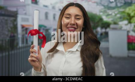 Young hispanic woman holds rolled diploma tied with red ribbon while smiling on urban street; achievement pride. Stock Photo