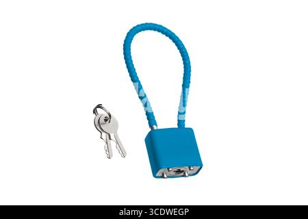 A light blue gun lock with a flexible cable and two keys, isolated on a white background. Stock Photo