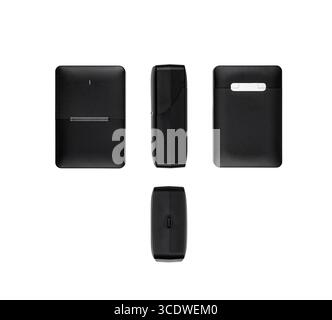 Multiple views of a black wireless microphone charging case, isolated on white. Stock Photo