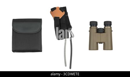 A binocular set with a case, strap, and the binoculars are laid out on a white background. Stock Photo