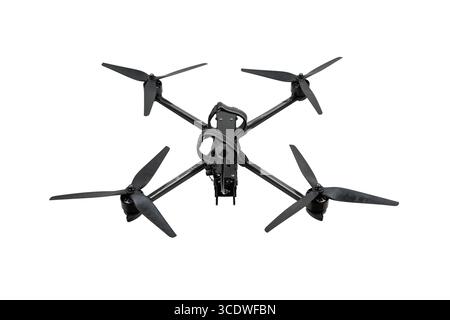 Rear top view of a carbon fiber FPV racing drone with four propellers, isolated on white background. Stock Photo