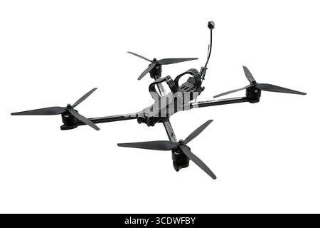 Carbon fiber FPV racing drone with antenna and four propellers, isolated on white background. Stock Photo