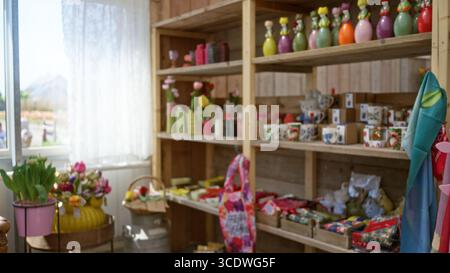 Defocused shop interior featuring colorful decor items and flowers on wooden shelves, illuminated by natural light streaming through the window, creat Stock Photo
