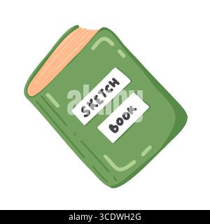A simple and stylized illustration of a closed green sketchbook with the words SKETCH BOOK clearly visible on the cover. This image represents creativ Stock Vector
